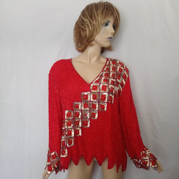RAMBOB FASHION 3X  ALL SEQUIN BEADED TOP 100% SILK - Picture 1 of 9
